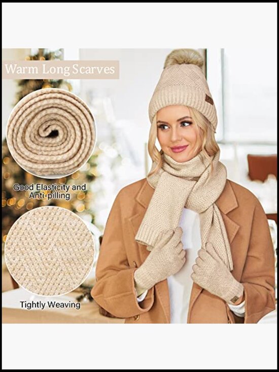 Winter Knit Beanie Hat Long Scarf Touchscreen Gloves Set Fleece Lined main image 7